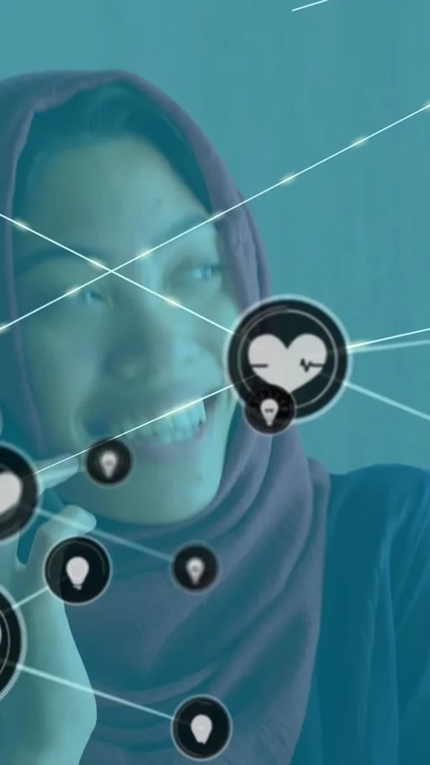 Vertical video: Call sparking tech heart idea network filling view over woman on Stock Footage 330430035