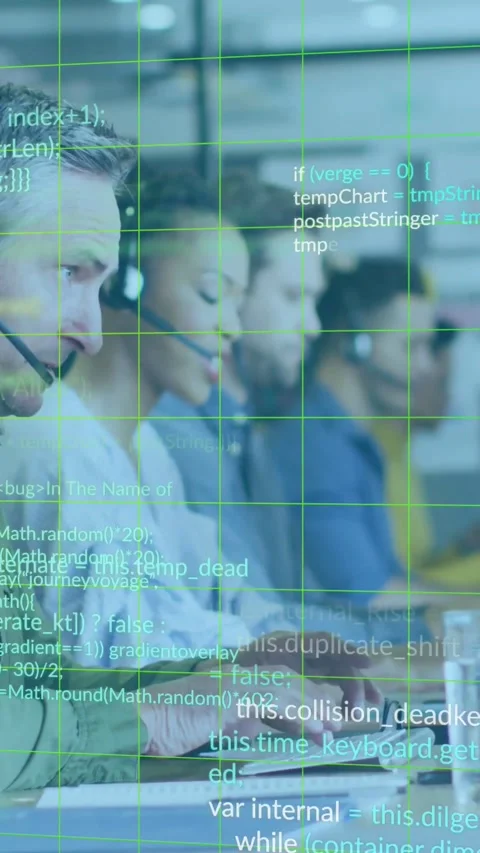 Vertical video: Call team typing and talking on incoming call, code grid overlay Stock Footage 331431570