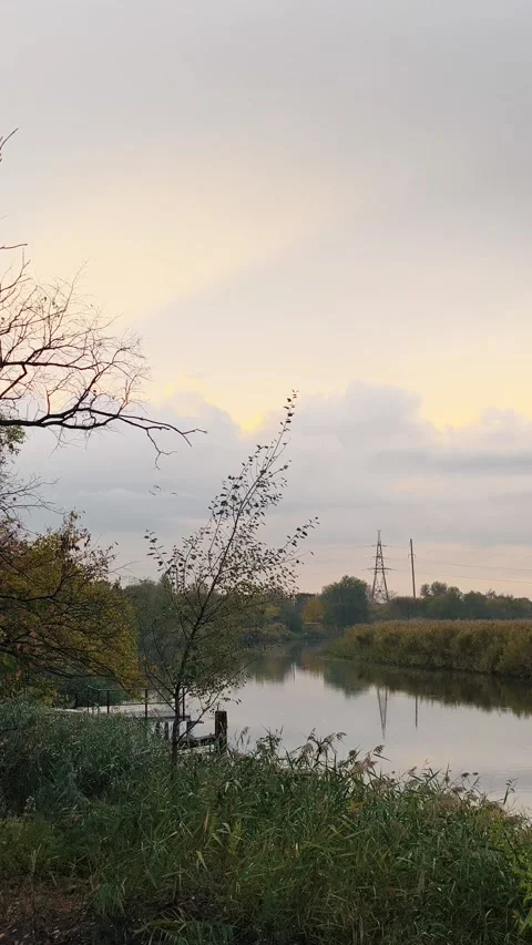 Vertical video of a calm lake under a cloudy sky after rain Stock Footage 329767932