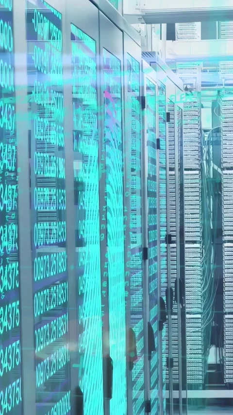 Vertical video: Cam moving down DC aisle, showing cyan numbers and red waveform Stock Footage 334549969