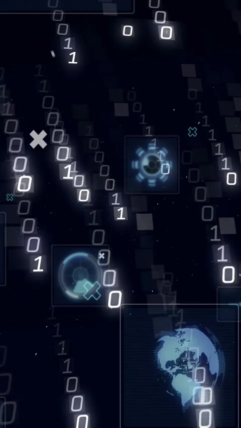 Vertical video: Cam panning down revealing cascading binary streams and UI icons 스톡 동영상 330542590