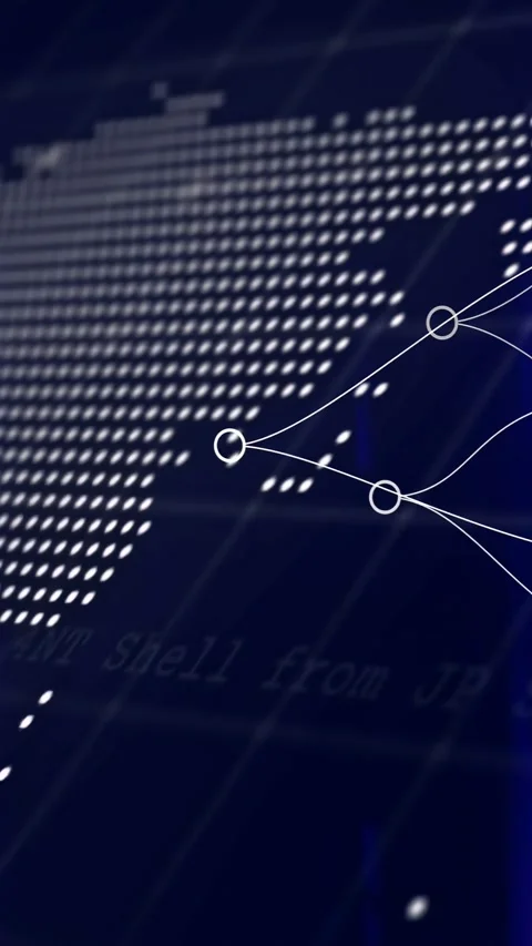 Vertical video: Cam panning over dot map network animating code fading, focusing Stock Footage 332806810