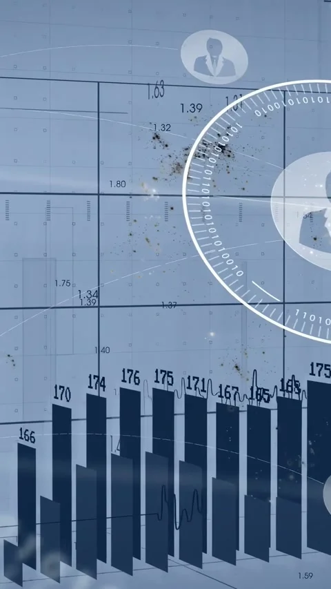 Vertical video: Cam panning over grid rotating HUD sliding bars rising Stock Footage 334600530