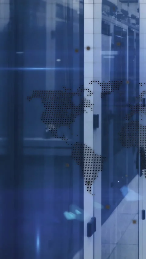 Vertical video: Cam panning showing rack in data aisle, with dotted map and Stock Footage 331270763