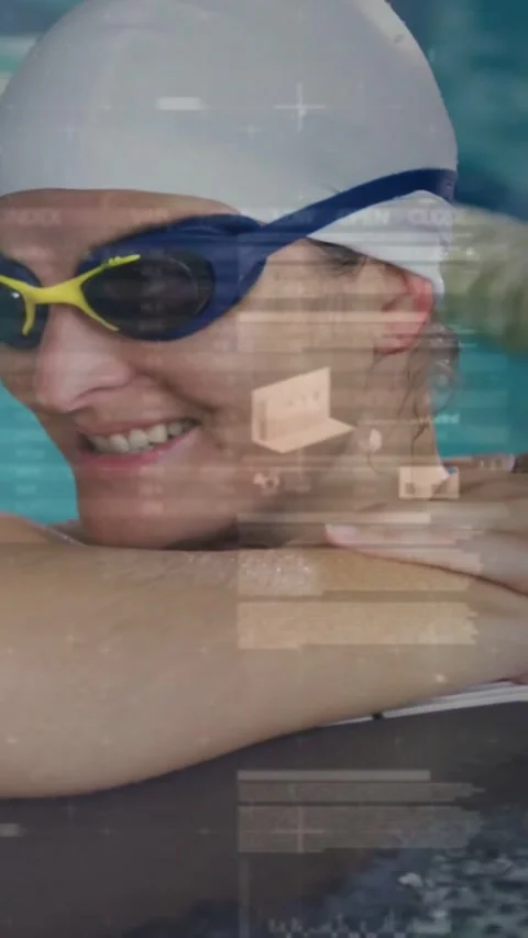 Vertical video: Cam panning swimmer at edge turning smiling talking tech UI Stock Footage 334599020