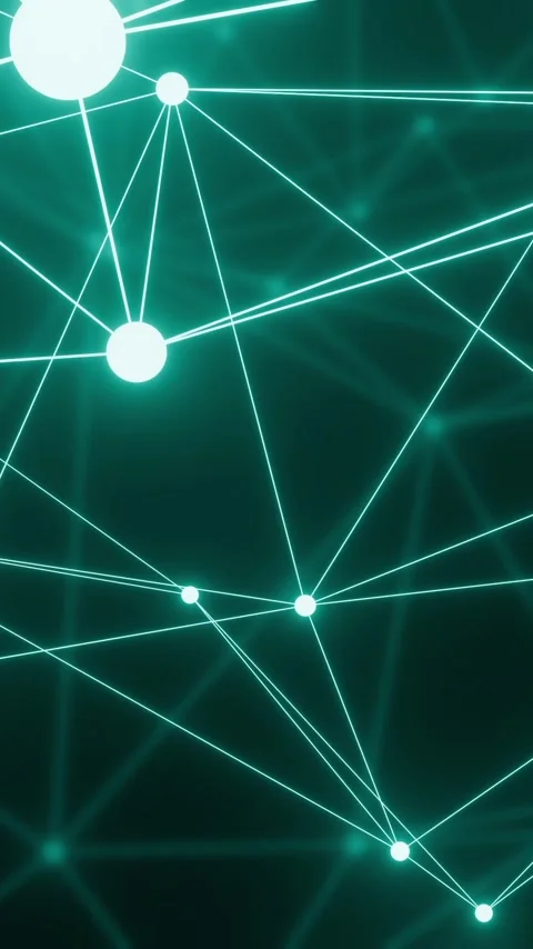Vertical video: Cam panning visualizing teal node network shifting big node Stock Footage 348496356