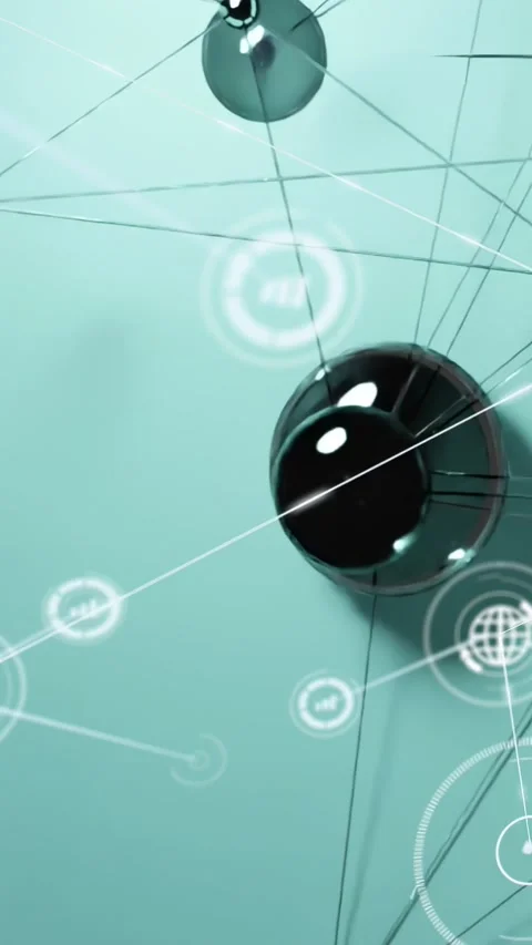 Vertical video: Cam pulling back showing glass sphere with black hub linking Stock Footage 330209978