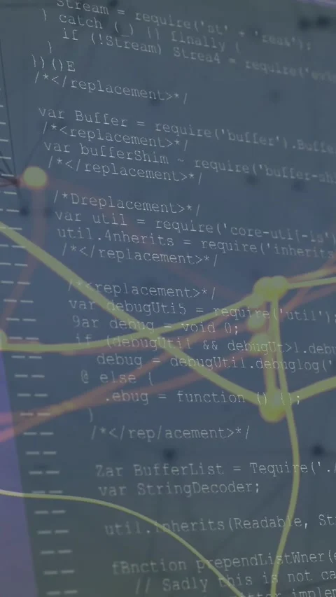Vertical video: Cam pulling, screen revealing code while nodes pulsing, text Stock Footage 329552650
