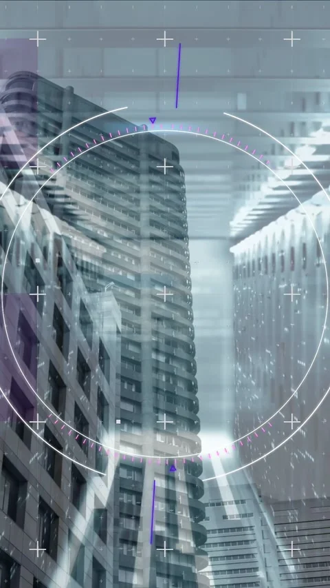 Vertical video: Cam starting HUD scan to map tower in business canyon, markers Stock Footage 333020478