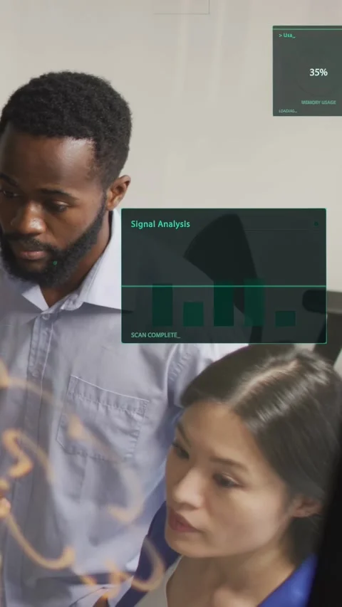 Vertical video: Camera advancing, floating UI panels appearing as tech team Stock Footage 333692248
