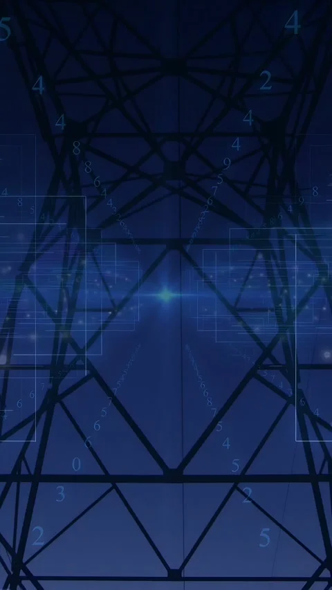 Vertical video: Camera descending tower rising cyan node pulsing digits Stock Footage 333036490