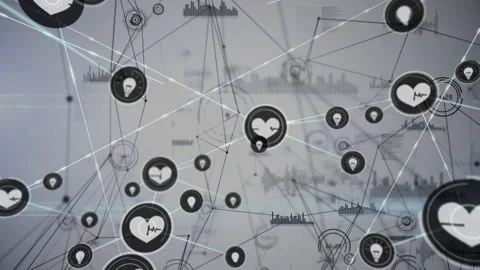 Vertical video: Camera drifting heart ECG icons emerging on lines network Stock Footage 332746895