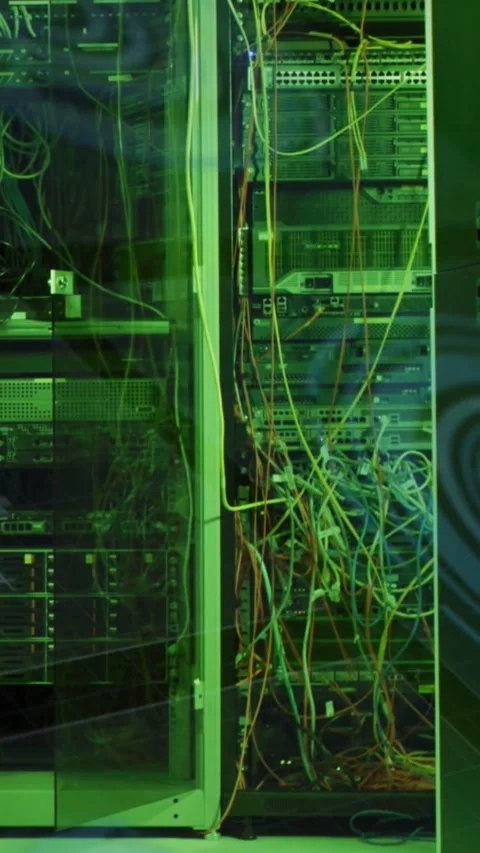 Vertical video: Camera drifting, LEDs blinking over open data center rack and Stock Footage 334319029