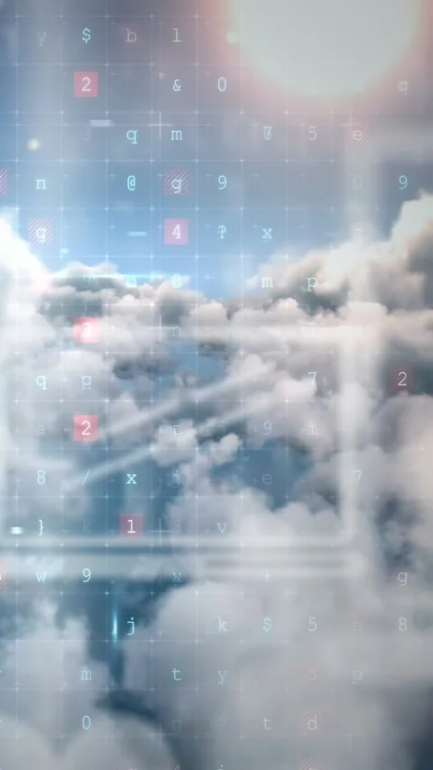 Vertical video: Camera drifting over clouds, glyphs pulsing, alert text Stock Footage 330260584