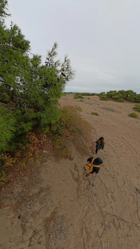 Vertical video. The camera focuses on the man with a yellow backpack and the Stock Footage 293095070
