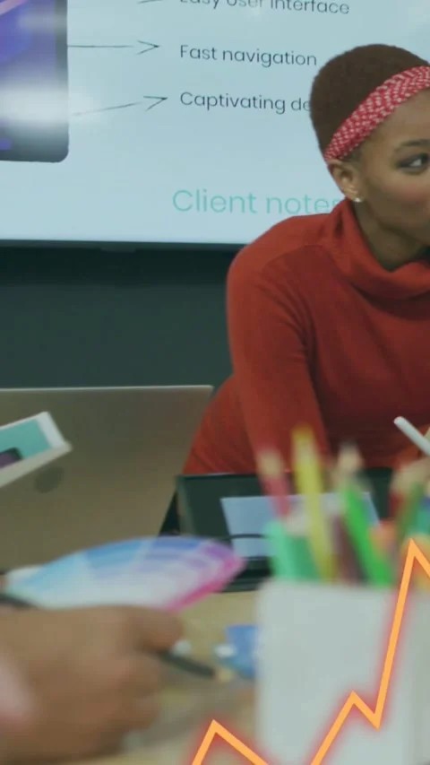 Vertical video: Camera focusing hands, woman red leaning in swatch moving chart Stock Footage 333835994