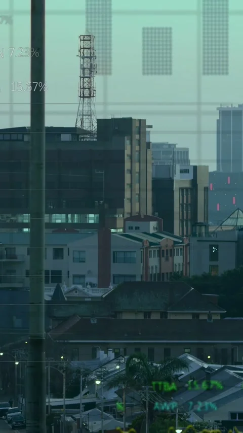 Vertical video: Camera framing skyline data overlays appearing pulsing around Stock Footage 332984764