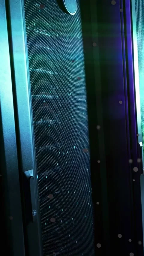 Vertical video: Camera framing teal server cabinet, overlays sliding and mapping Stock Footage 332806289