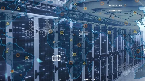 Vertical video: Camera gliding data center racks, sparking map HUD overlay Stock Footage 332772218