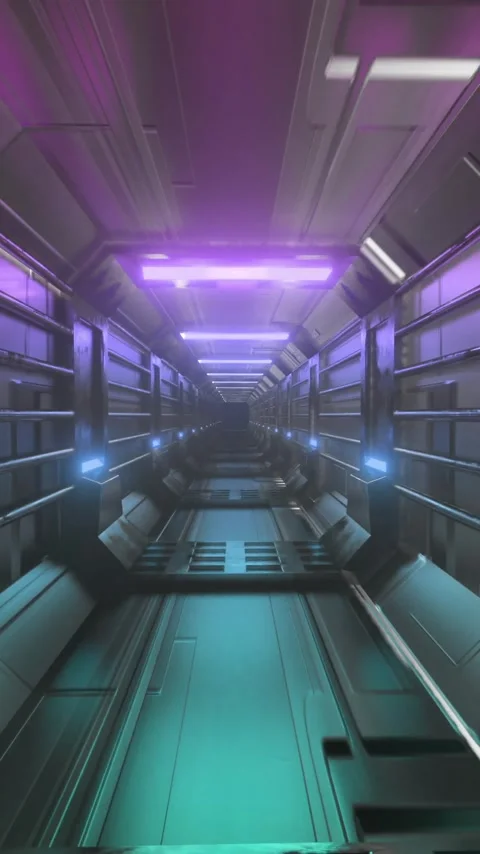 Vertical video: Camera launching forward, entering corridor, flashing magenta Video stock 348566594