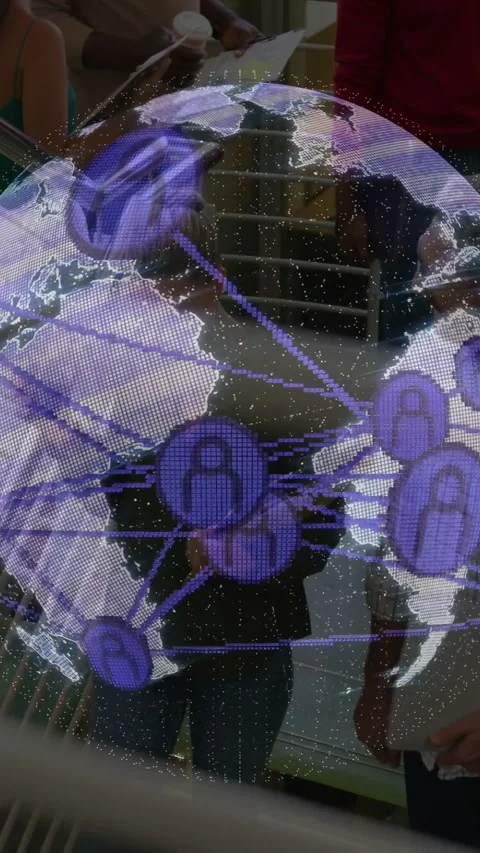 Vertical video: Camera moving 3D globe rotating showing nodes over cafe people Vídeo Stock 332644600