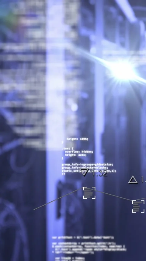Vertical video: Camera moving along rack causing HUD code scrolling and box Stock Footage 332845853