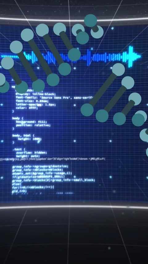 Vertical video: Camera moving, DNA node chain sweeping center, aligning to show Video stock 329552467