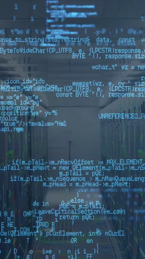 Vertical video: Camera moving down datacenter aisle, blue code swelling then Stock Footage 332595160