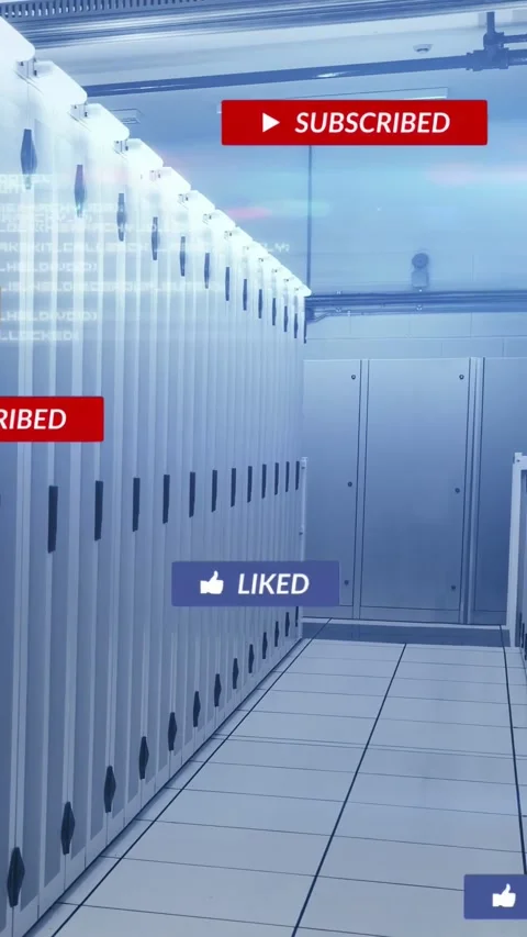 Vertical video: Camera moving down data aisle, causing social UI to slide and Stock Footage 332747861