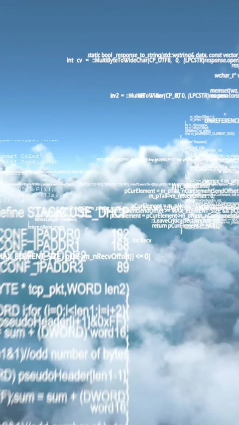 Vertical video: Camera moving forward white code blocks coalescing above clouds, Stock Footage 348636285