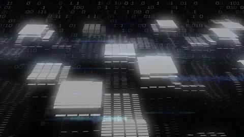 Vertical video: Camera moving, glowing stacks rising and lighting on data plane, Stock Footage 332772058