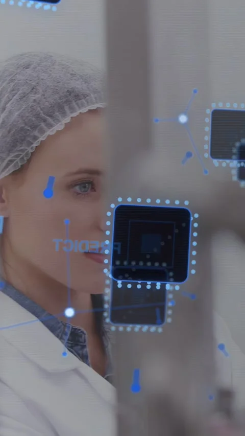 Vertical video: Camera moving, revealing lab tech monitoring machinery with blue Stock Footage 333954002