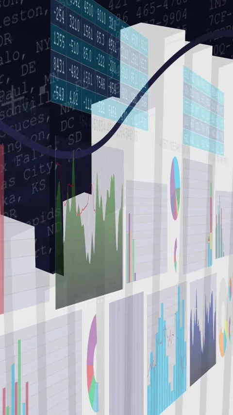 Vertical video: Camera moving right revealing 3D charts, teal tickers, wave Stock Footage 331739225