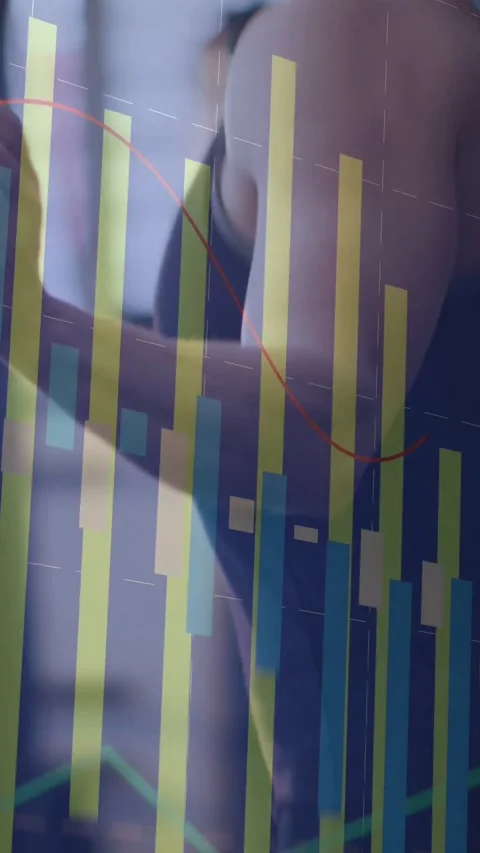 Vertical video: Camera moving upward, woman turning, overlaid bar charts showing 스톡 동영상 332317664