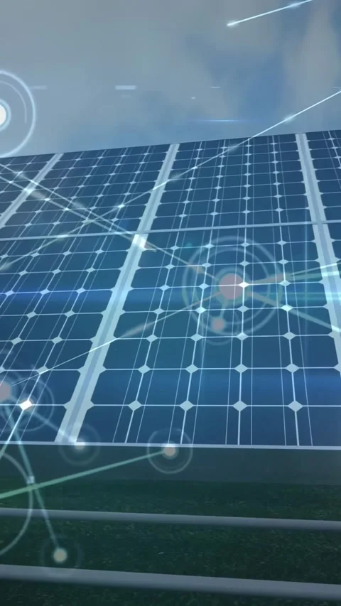 Vertical video: Camera nearing solar farm activating HUD nodes mapping panel Video stock 334187134