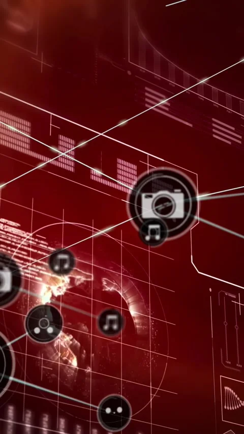 Vertical video: Camera node starting network, emitting lines and music nodes, 스톡 동영상 328686447