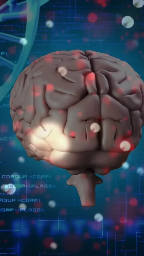 Vertical video: Camera orbiting, 3D brain turning red nodes pulsing bokeh Stock Footage 328308881