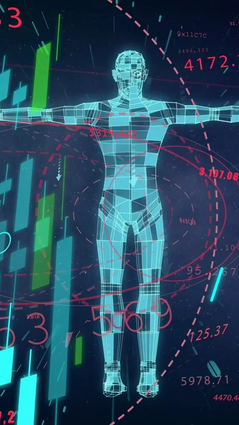 Vertical video: Camera orbiting cyan wireframe model, HUD elements animating to Stock Footage 334917236