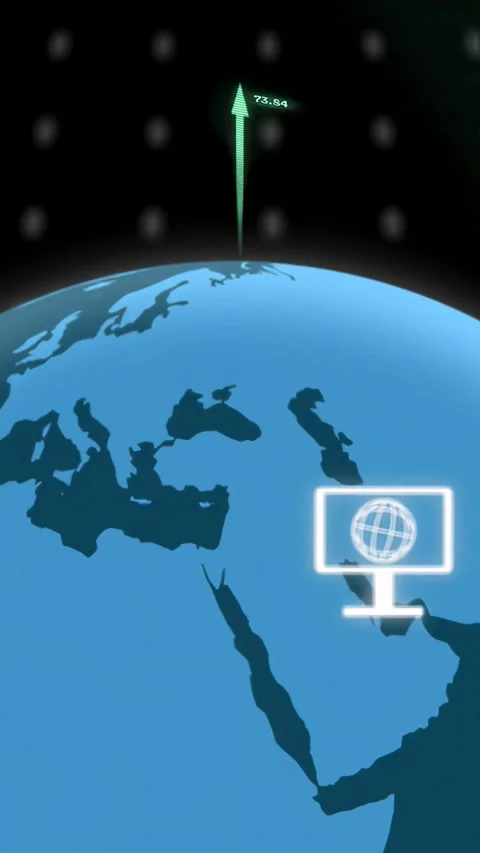 Vertical video: On camera pan blue globe rotating, grid flashing, icons sliding Stock Footage 334771153