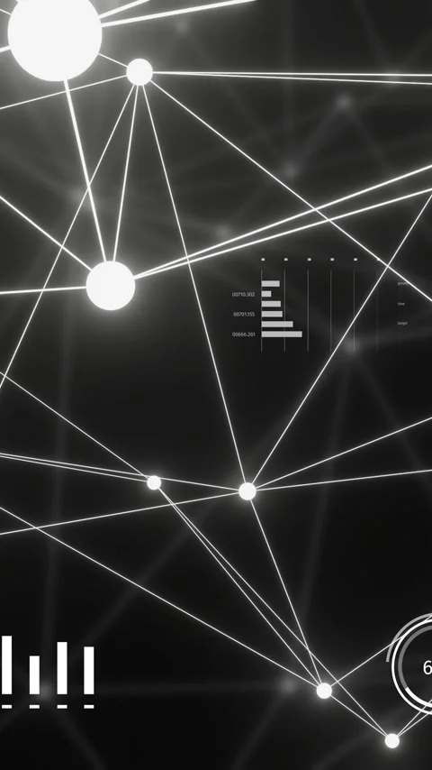 Vertical video: Camera pan causing network pulsing, nodes glowing, HUD gauges Stock Footage 348384665