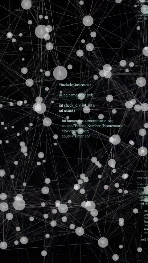 Vertical video: On camera pan node network drifting, depth shifting, code column Video stock 328448566