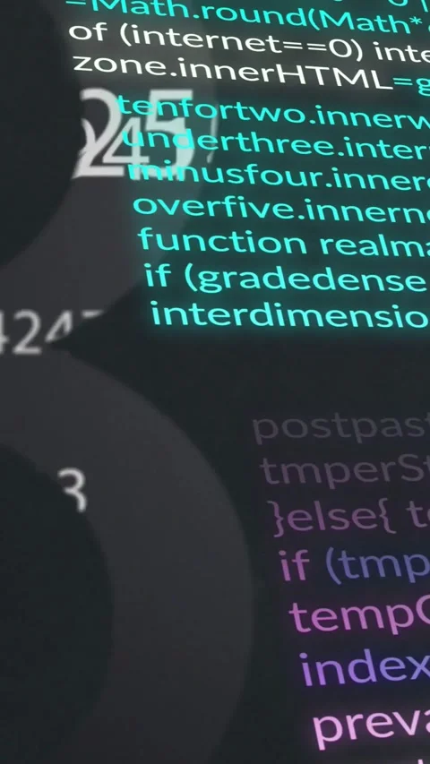 Vertical video: Camera pan revealing code on dark screen with white numbers Stock Footage 329755797