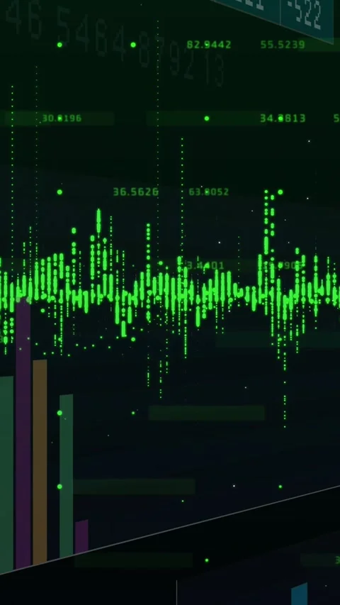Vertical video: Camera pan starting data wall wave pulsing bars rising labels Stock Footage 328331942