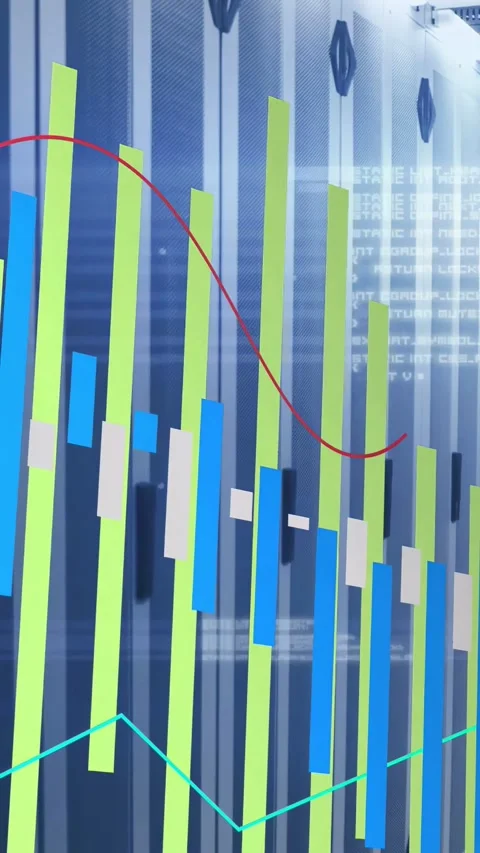 Vertical video: Camera pan starting data graph with rising bars and shifting Stock Footage 332823153