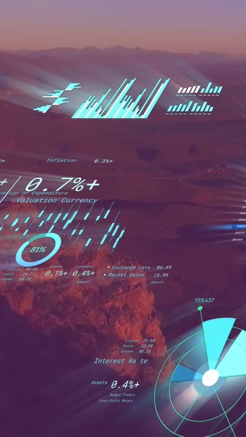 Vertical video: On camera pan teal finance HUD floating shifting updating Stock-Footage 333480039