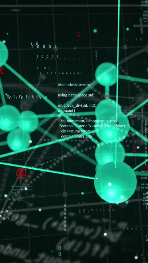 Vertical video: On camera pan turquoise nodes rotating, revealing code streams Stockbeeldmateriaal 334378433