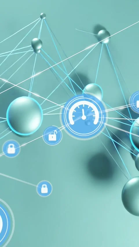 Vertical video: Camera panning across teal node mesh, HUD gauge animating, locks Video stock 330260436