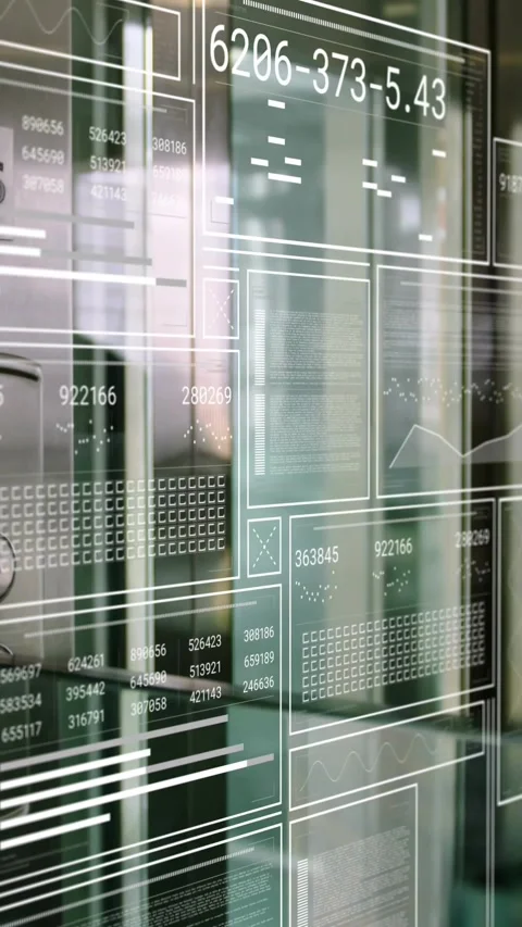 Vertical video: Camera panning across glass, causing HUD gauges, numeric grids Stock Footage 331790156