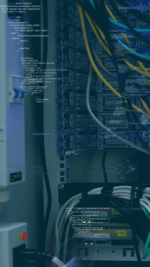 Vertical video: Camera panning across network rack showing units cables LED 스톡 동영상 331790495