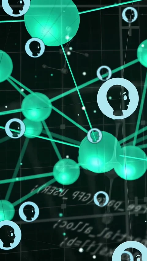 Vertical video: Camera panning across 3D green node mesh with ringed profiles, Vidéo 334378529